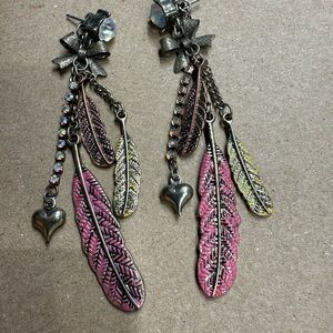 Betsey Johnson Pink and Gold Feather Earrings